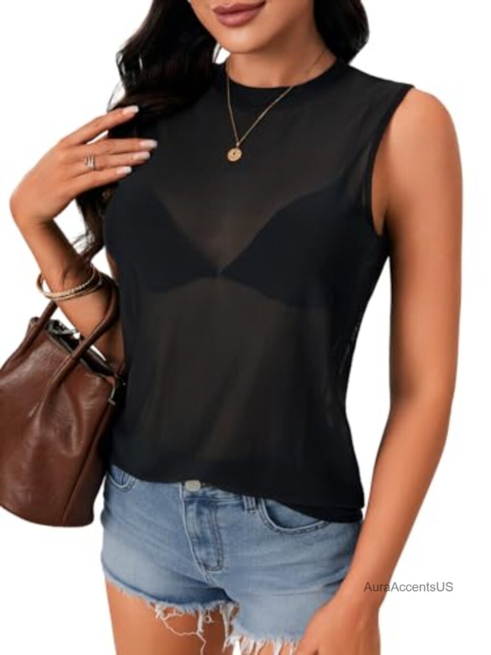 Sheer Mesh Tank Top Sleeveless Crew Neck Going Out Cami Shirt